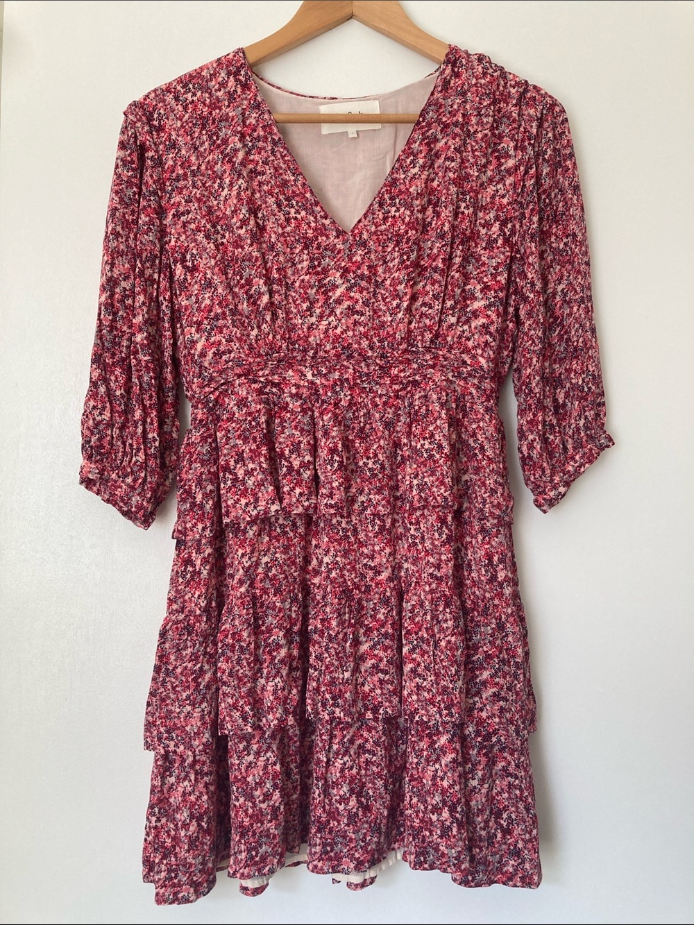 ba&sh Nina Tiered Ruffle Mini Dress Floral Fuschia L - Picture 6 of 16